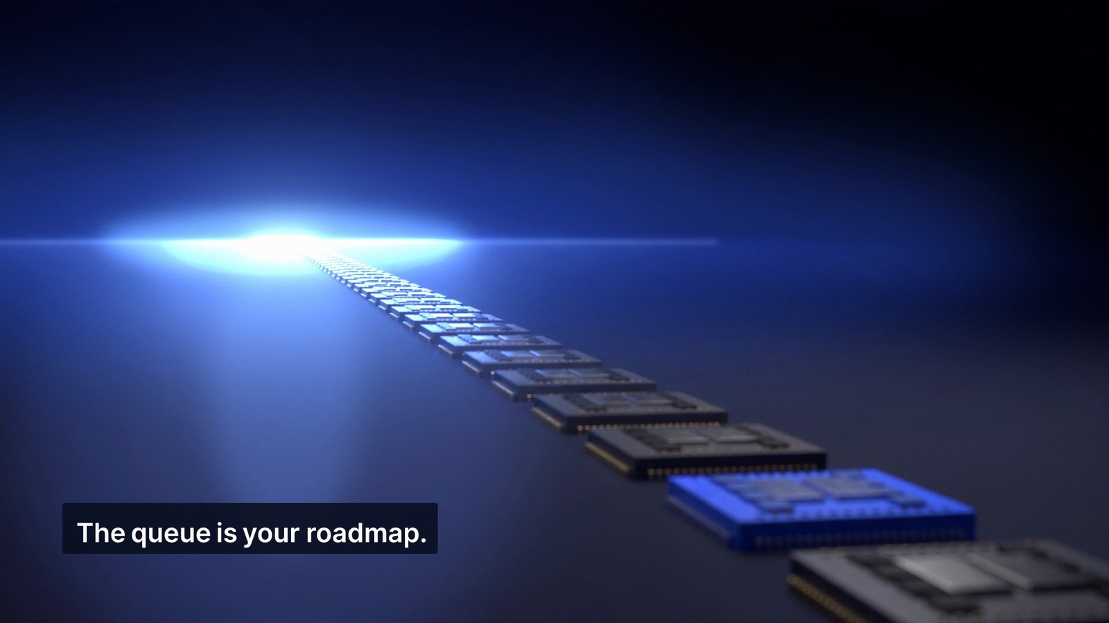 GPU queue stretching into blue light, "The queue is your roadmap", Axe Compute concept spot