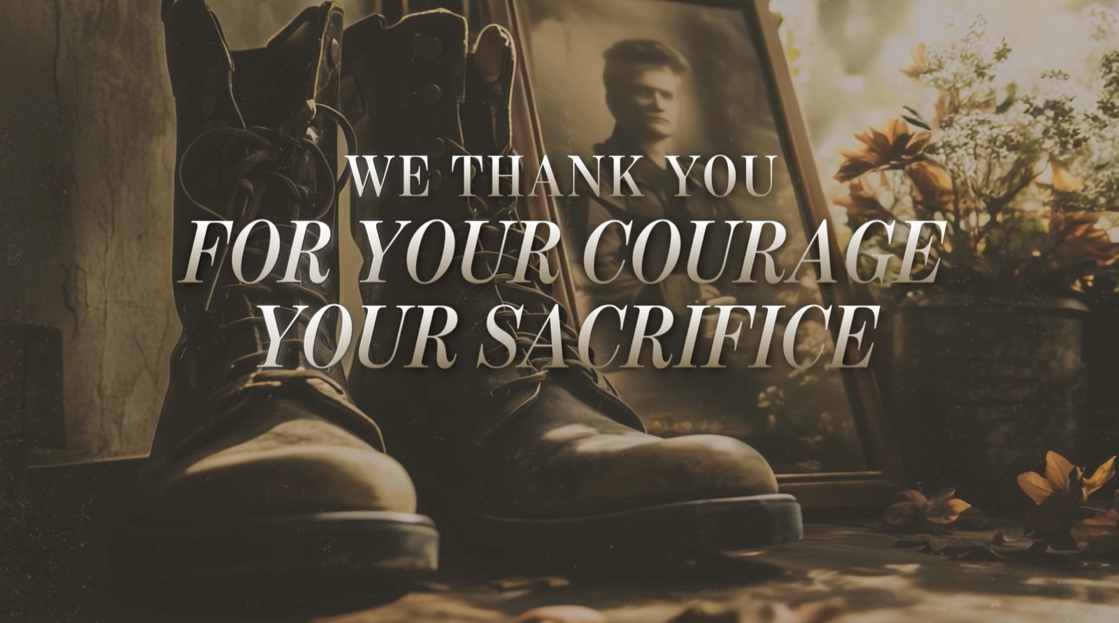 Veterans Day worship video frame showing soldier boots and a framed portrait with overlay text We thank you for your courage your sacrifice