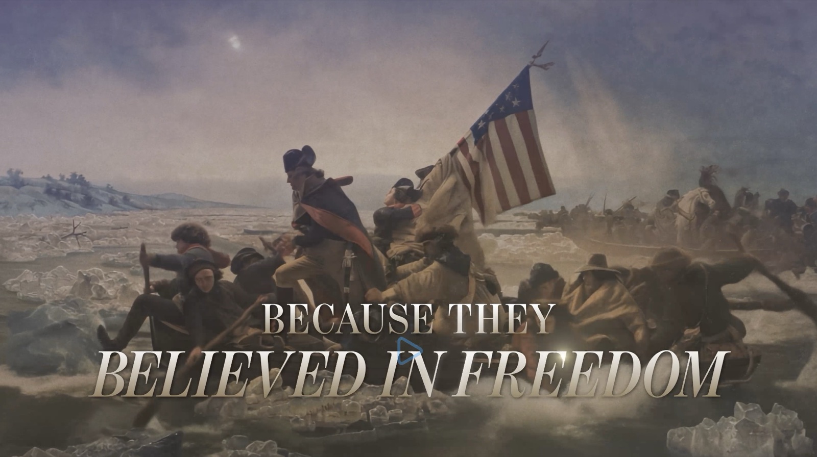 Independence Day worship video frame featuring Washington Crossing the Delaware with overlay text Because they believed in freedom