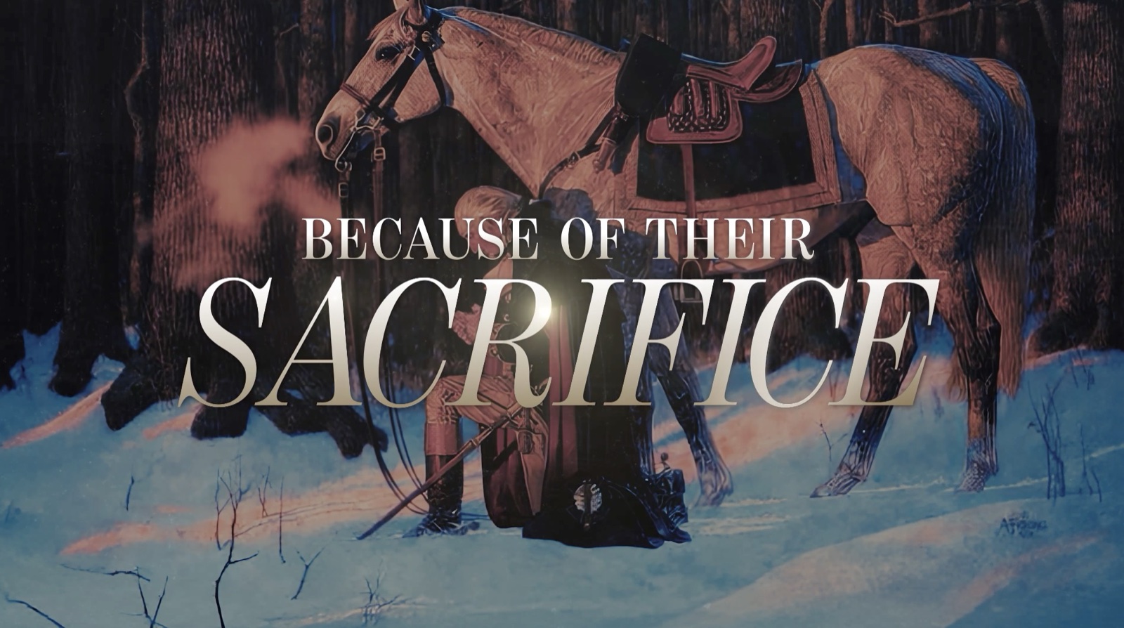 Independence Day worship video frame featuring a Revolutionary War prayer at Valley Forge painting with overlay text Because of their sacrifice