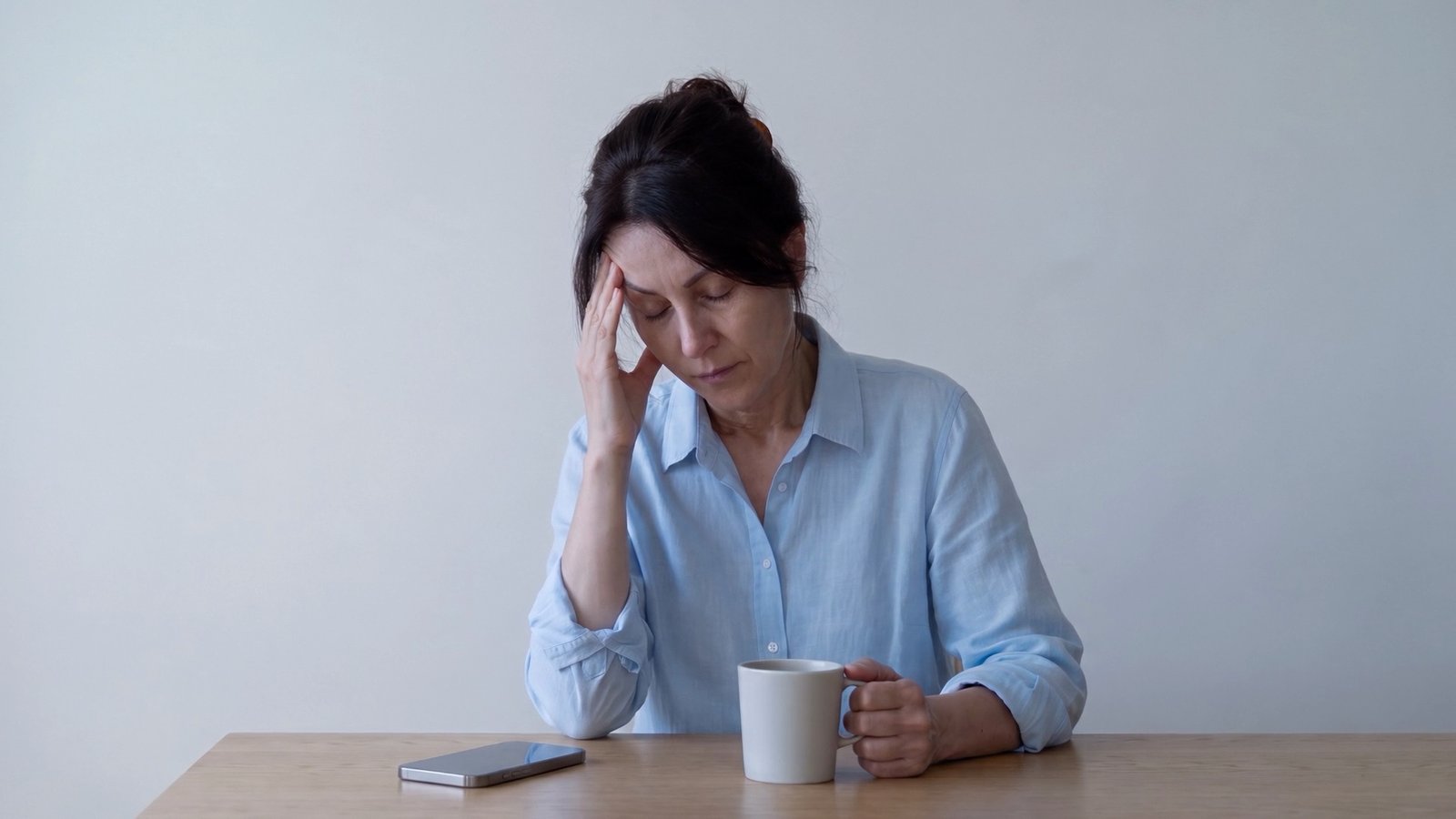Tired woman with coffee at a table, Biome Health concept spot