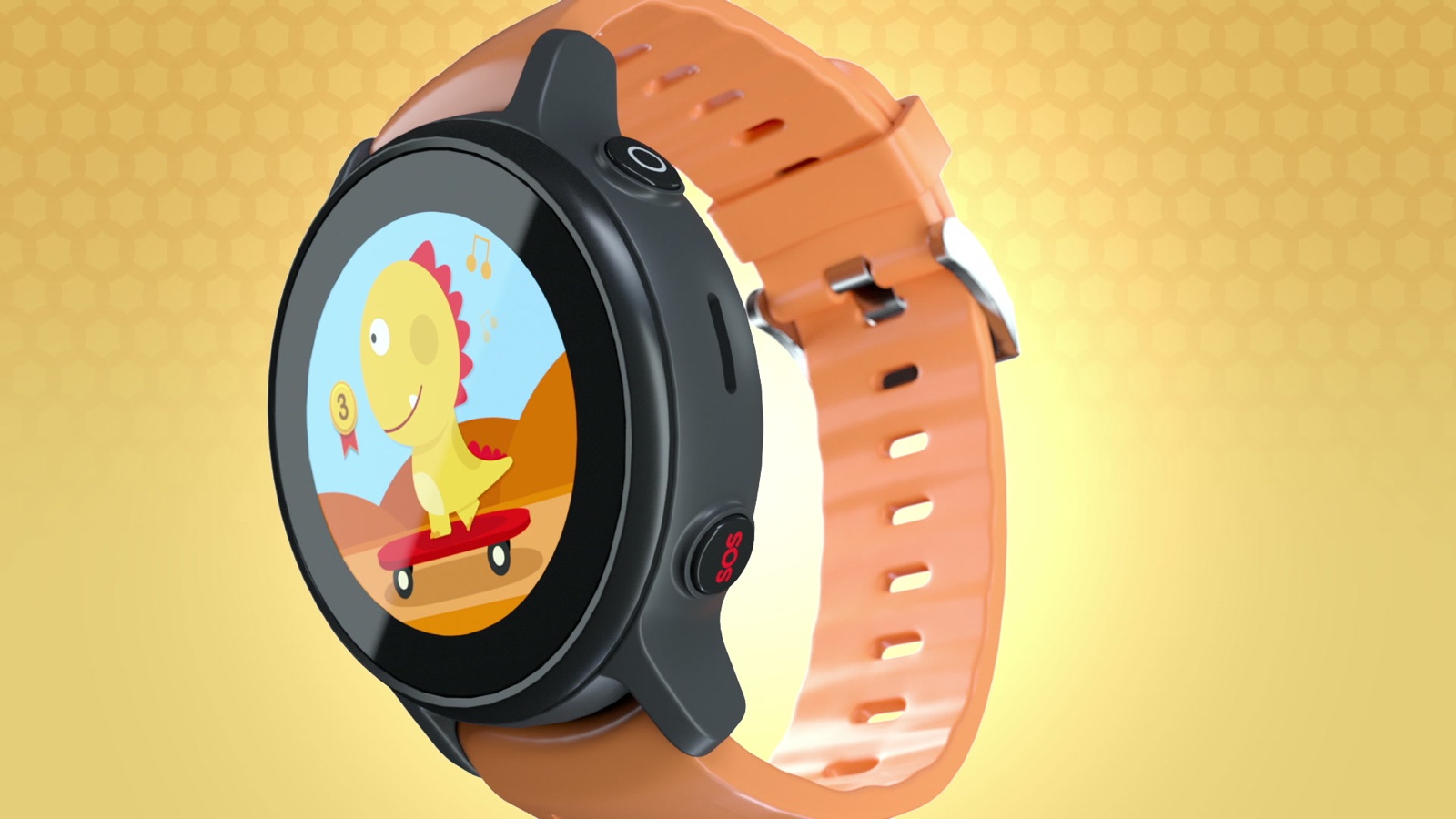 Coolpad Dyno kids smartwatch 3D render with dinosaur watch face and SOS button