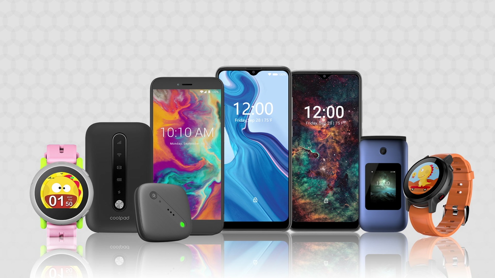 Coolpad product family lineup with smartphones, flip phone, kids smartwatches, mobile hotspot, and tracker