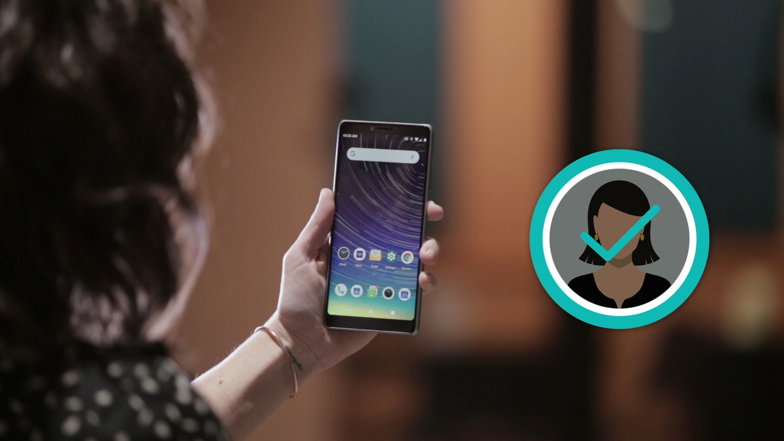 Woman unlocking a Coolpad smartphone with face unlock shown by a 2D motion graphic overlay