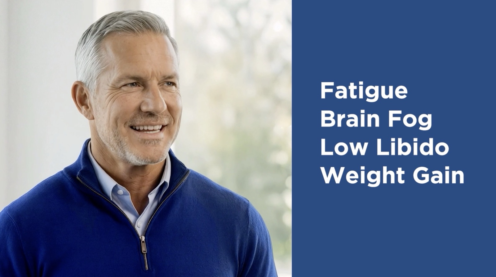 EVEXIAS AI avatar introducing common hormone imbalance symptoms: Fatigue, Brain Fog, Low Libido, Weight Gain