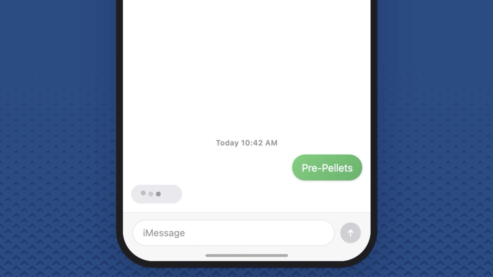Animated iMessage screen showing the EVEXIAS Connect pre-pellet patient text reminder