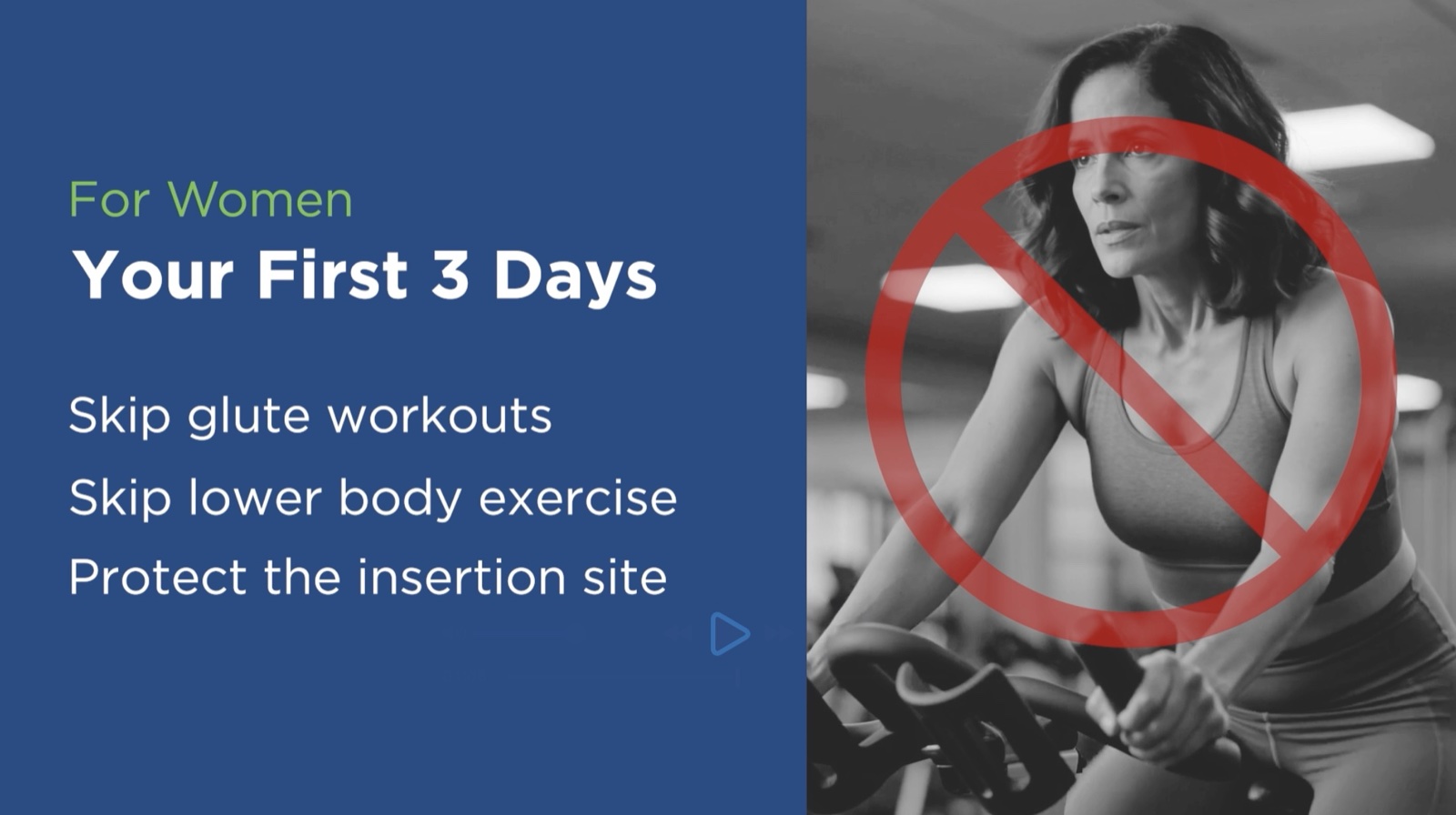 Post-pellet recovery card for women showing first 3 days guidance with a do-not-exercise overlay