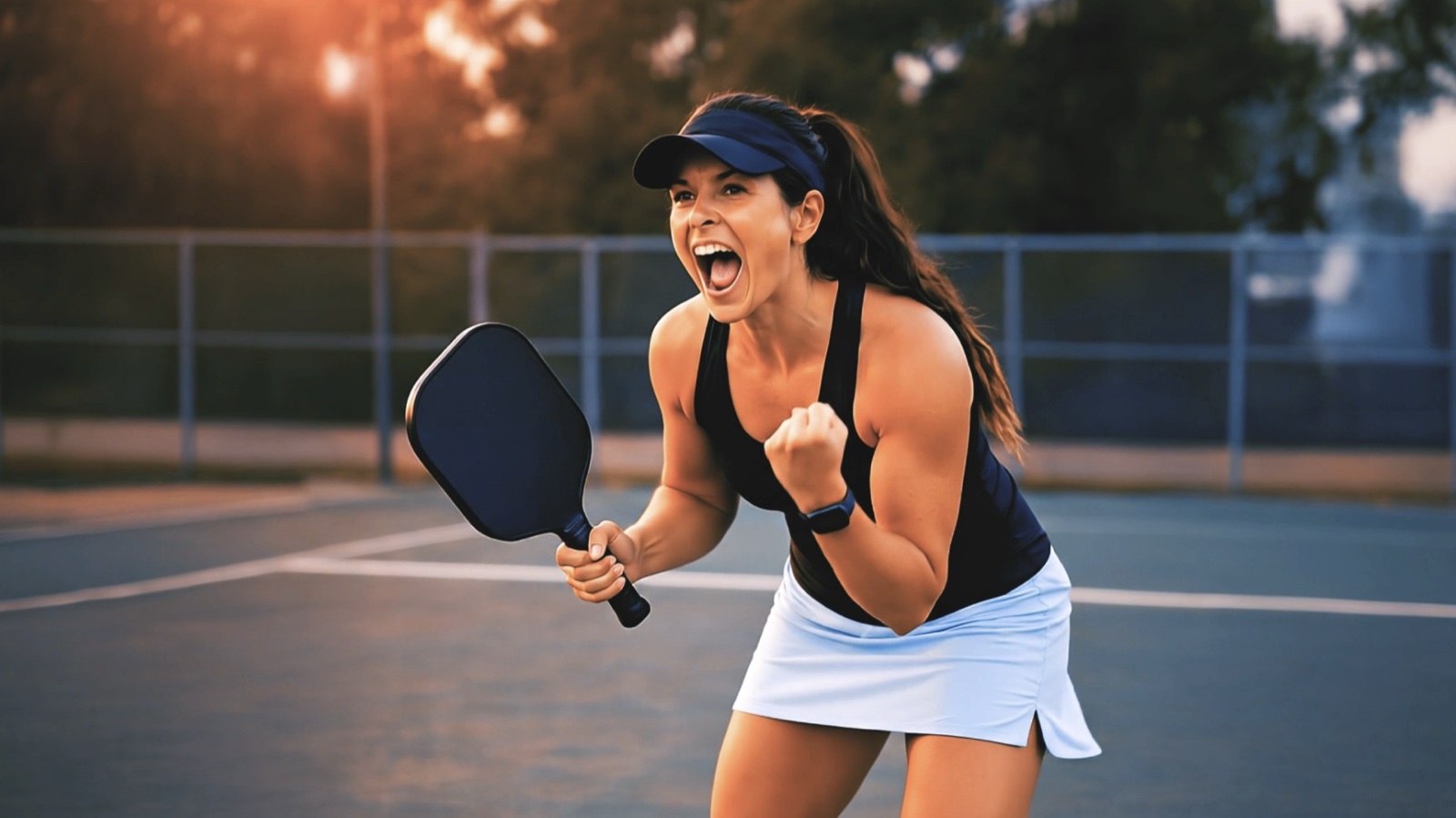 AI-generated hero shot of a pickleball player celebrating a winning point with a fist pump