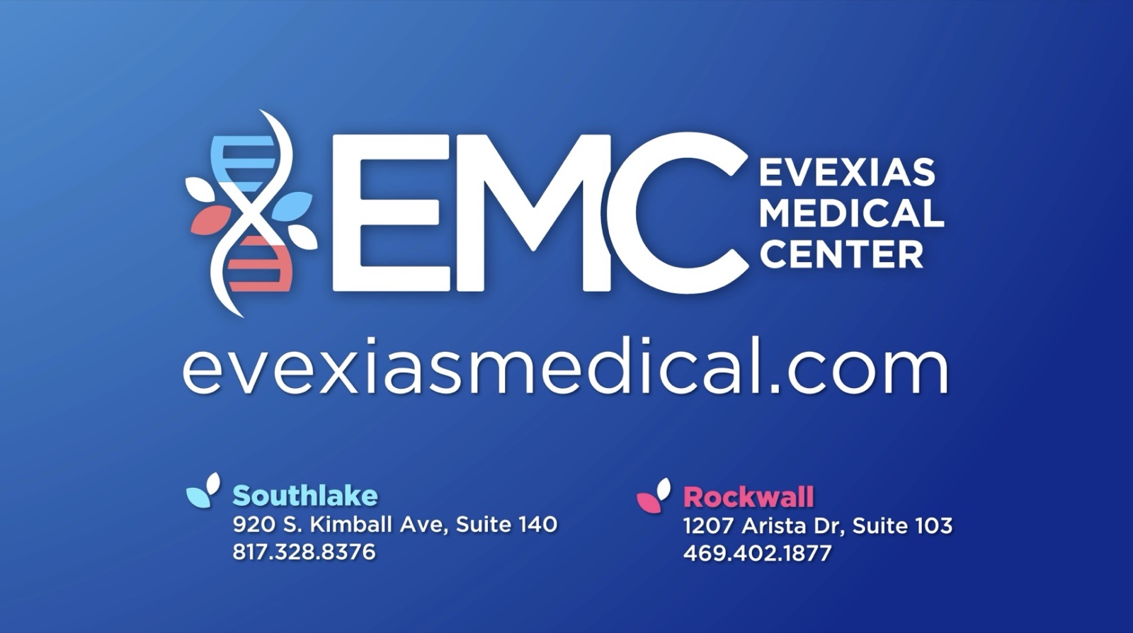 EVEXIAS Medical Center end card with Southlake and Rockwall location information and evexiasmedical.com URL