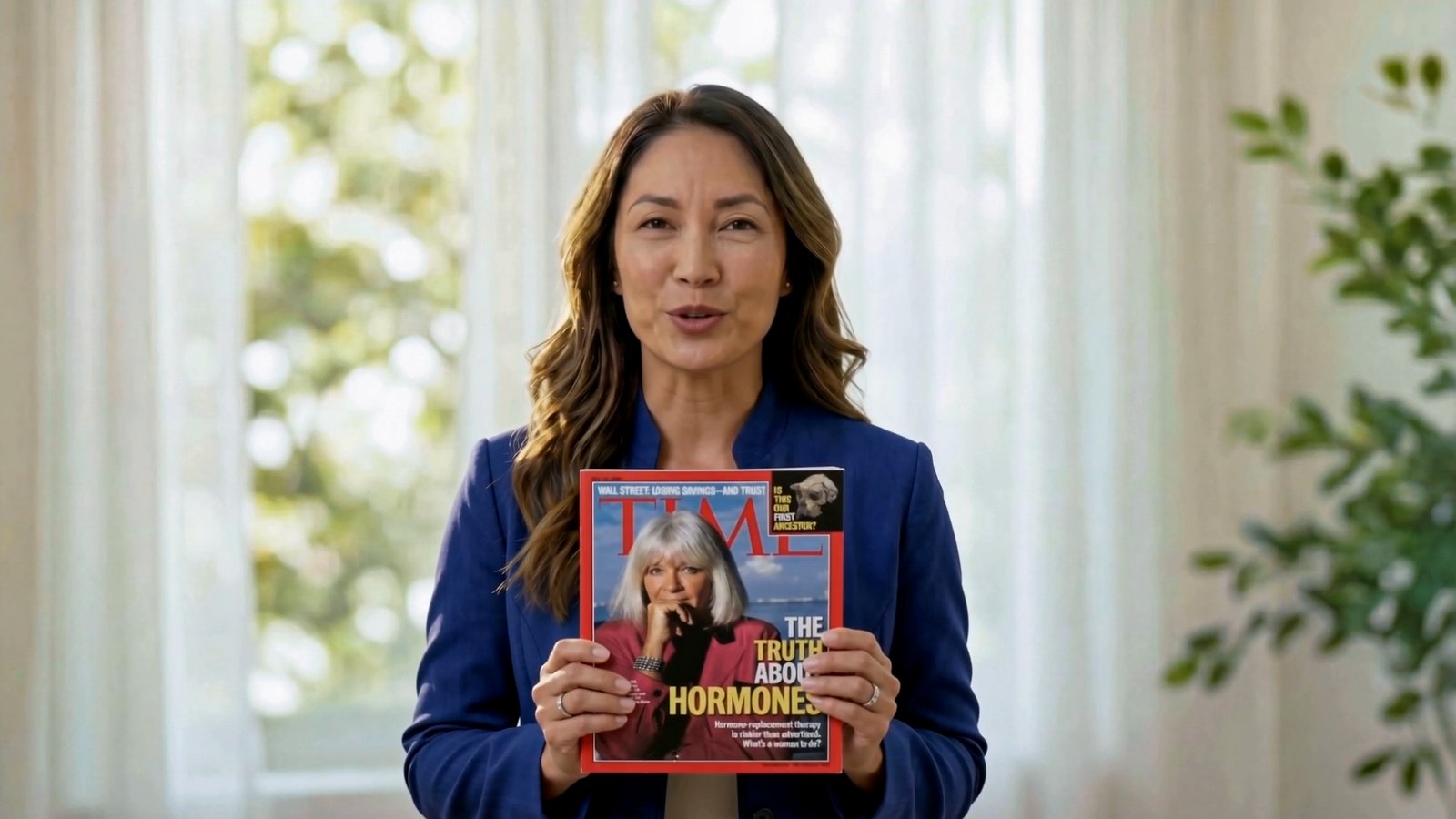 Presenter holding the 2002 magazine cover that turned hormone therapy into a headline