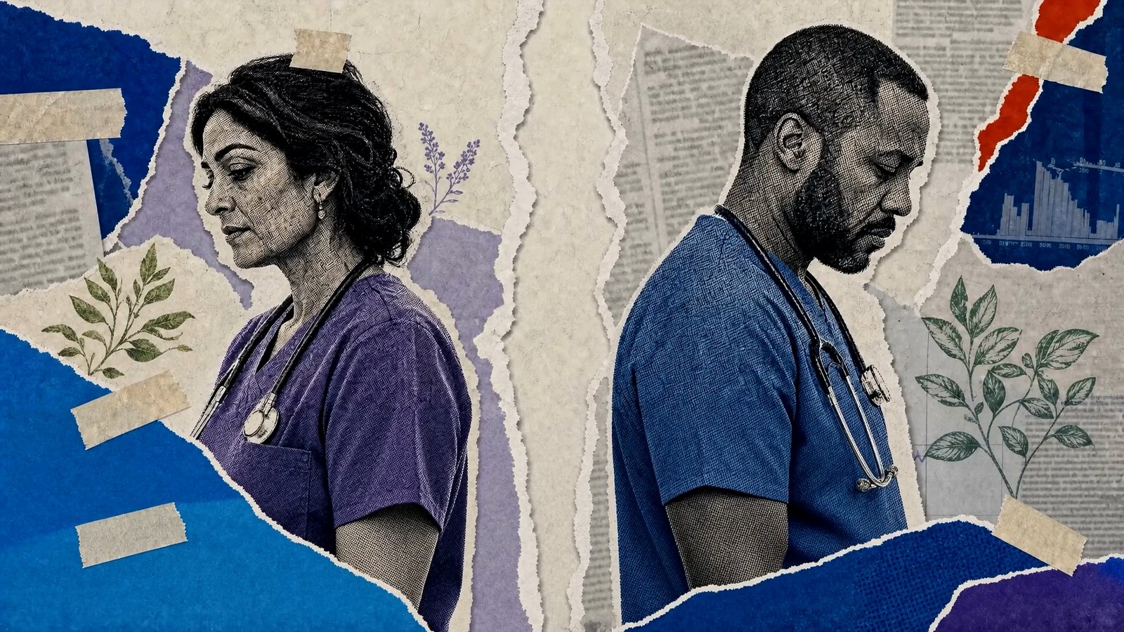 Torn paper collage of two clinicians turning away from each other as providers avoided hormone therapy