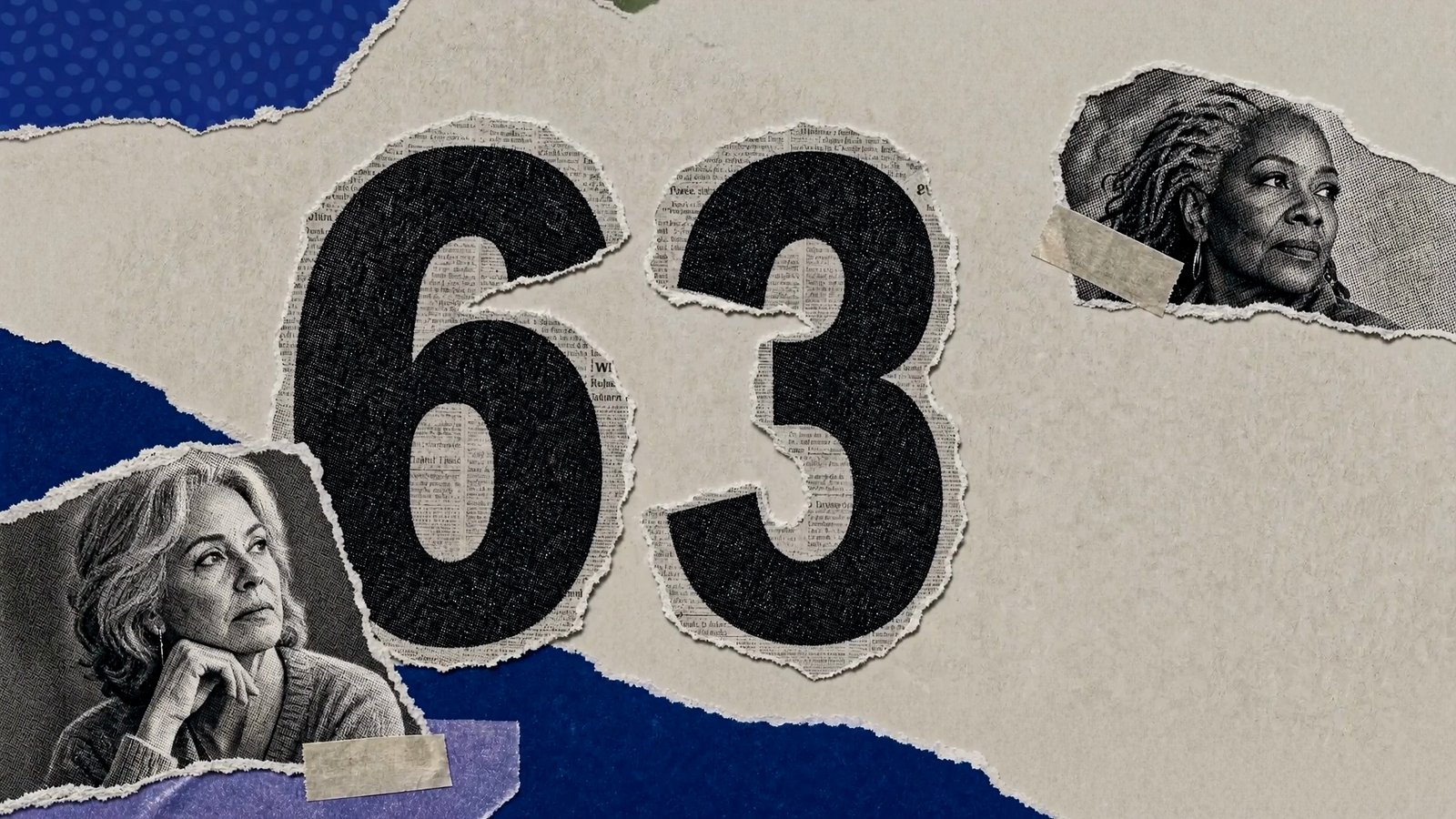 Torn paper collage showing the number 63, the average age of a study participant