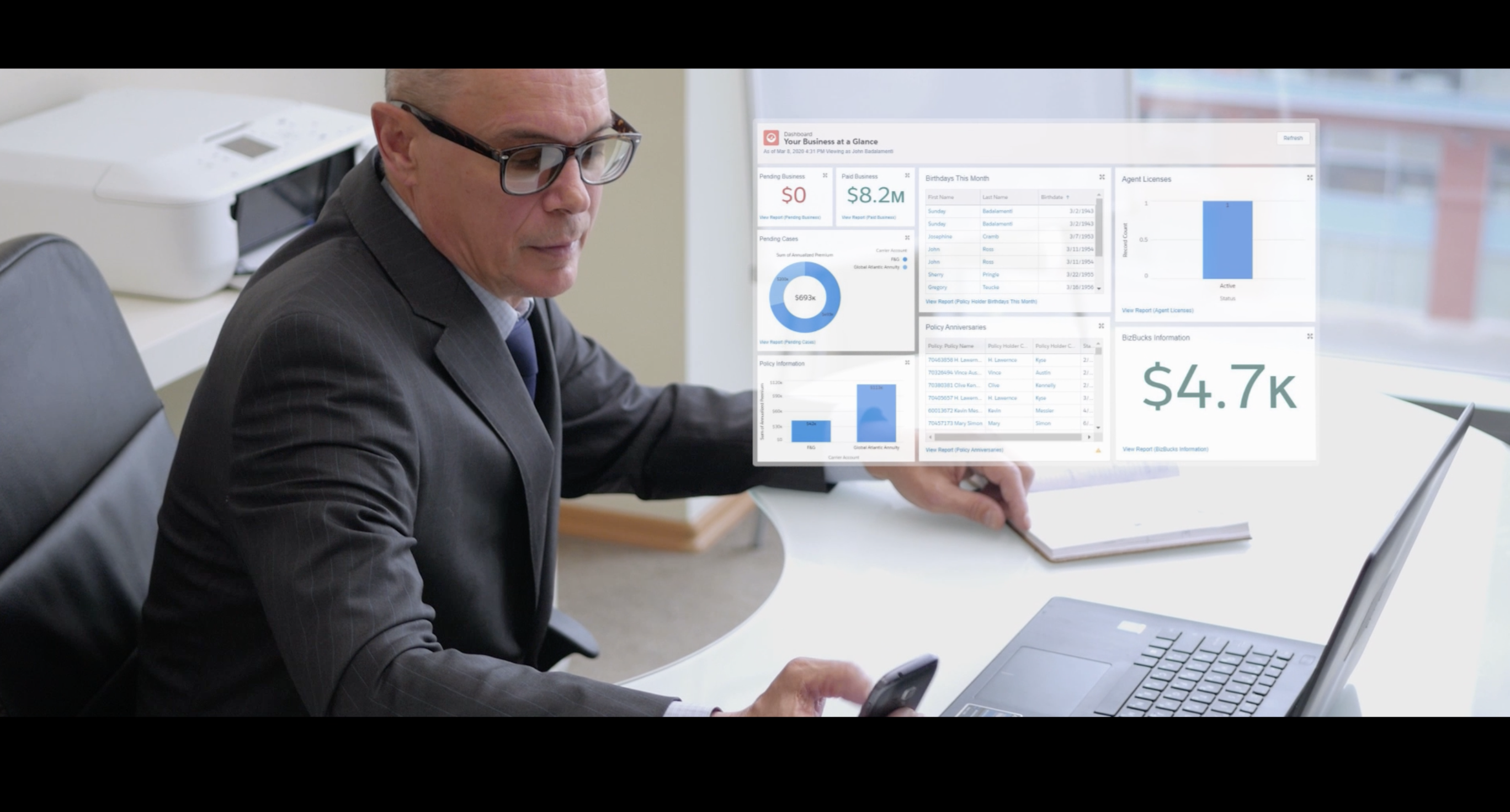 Insurmark Hubbard platform dashboard composited into live-action scene