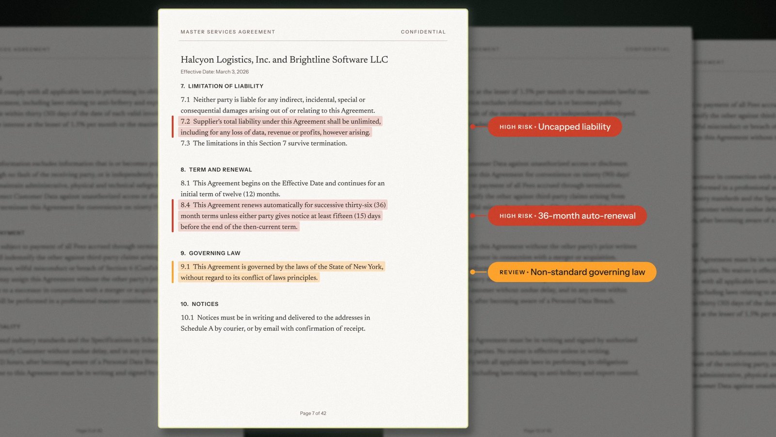 Contract page with risky clauses flagged in red and orange