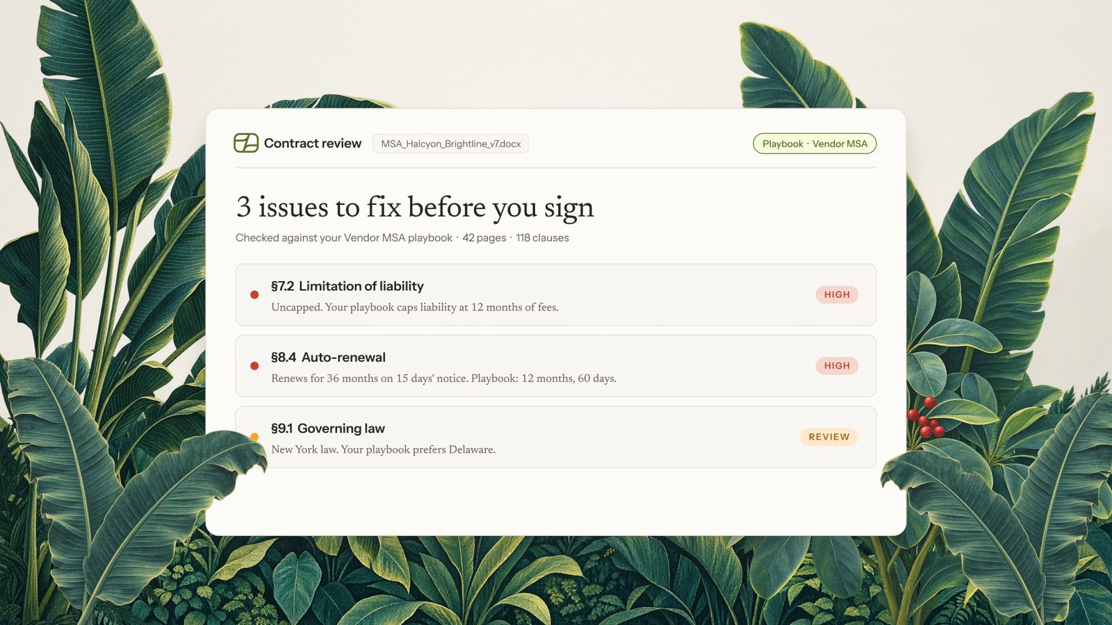 Ivo contract review showing 3 issues to fix before you sign