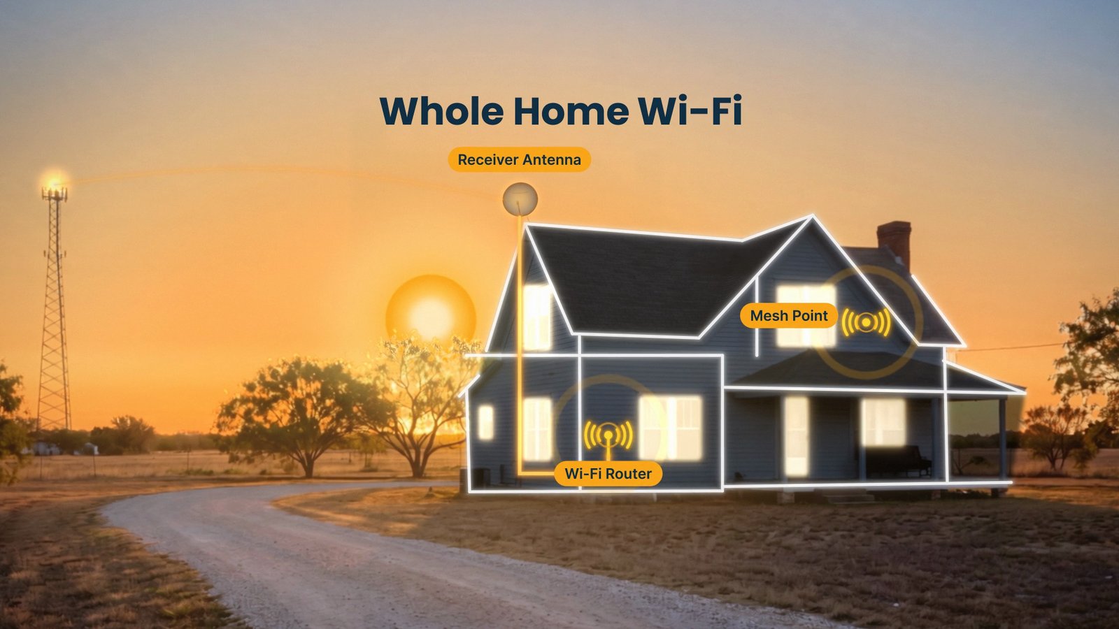 Whole home Wi-Fi diagram drawn over the farmhouse