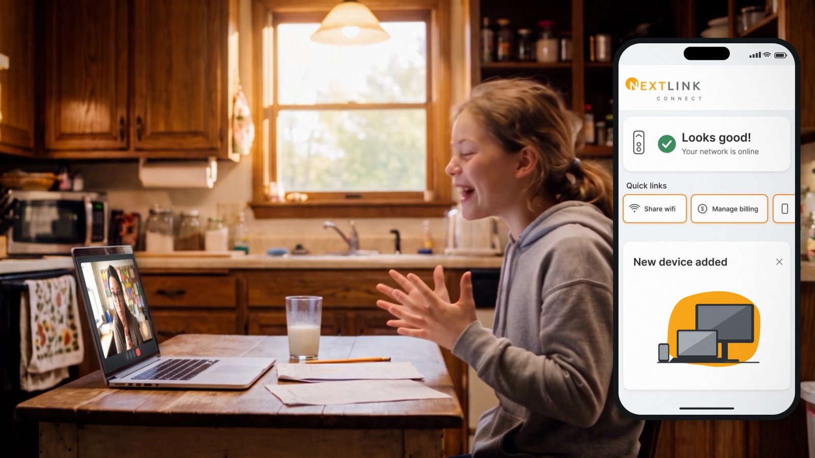 Girl celebrating as the Nextlink app shows a new device added