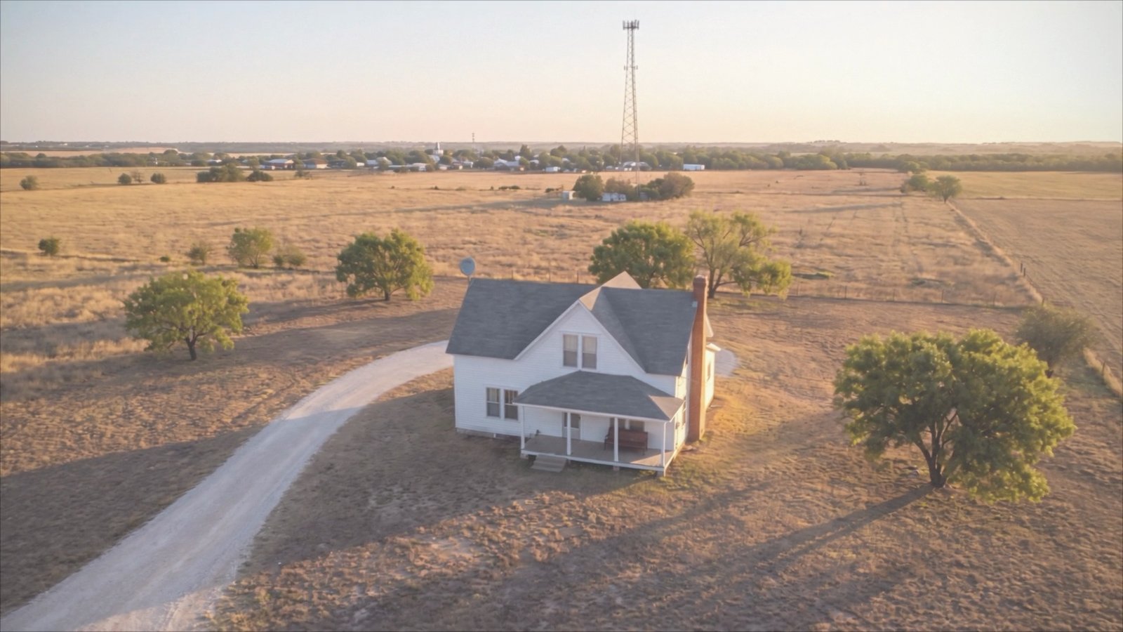 Aerial view of the farmhouse and a Nextlink tower at golden hour