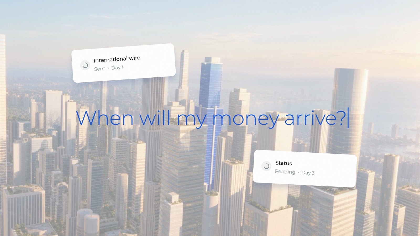"When will my money arrive?" over a city skyline, Payall concept spot