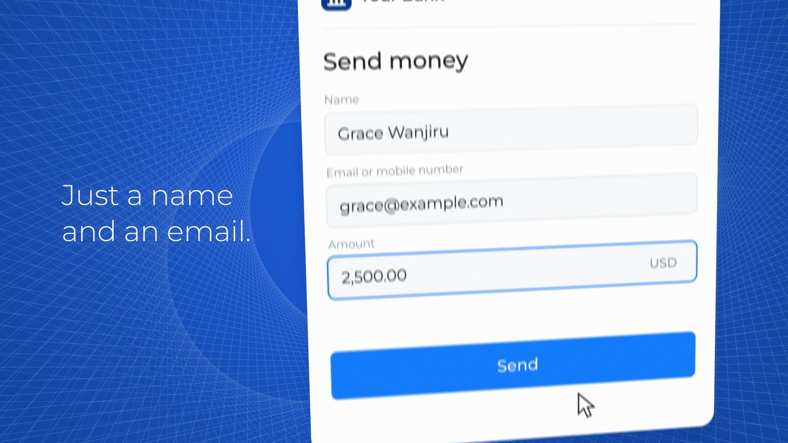 Bank send money form filled with just a name and an email