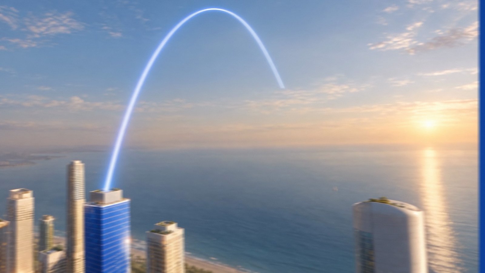 Payment arc leaving a bank tower over the ocean at sunrise