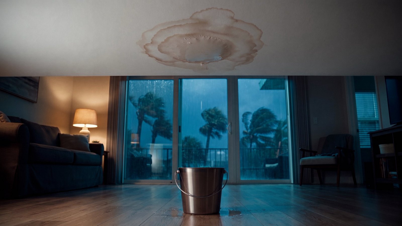 Living room with a ceiling leak and a bucket during a storm, Roti concept spot