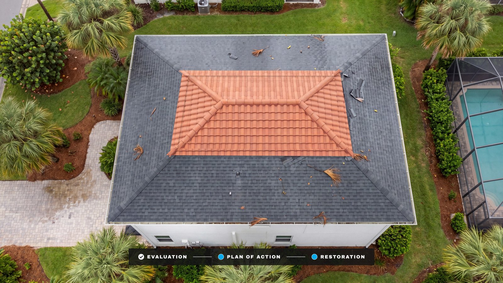 Damaged roof being replaced with new tile from above