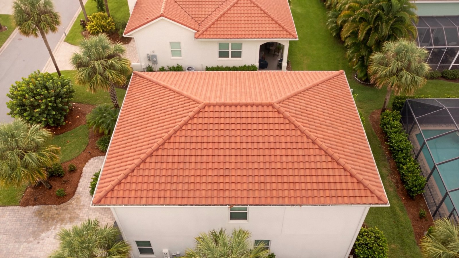 New tile roof on the home, aerial view