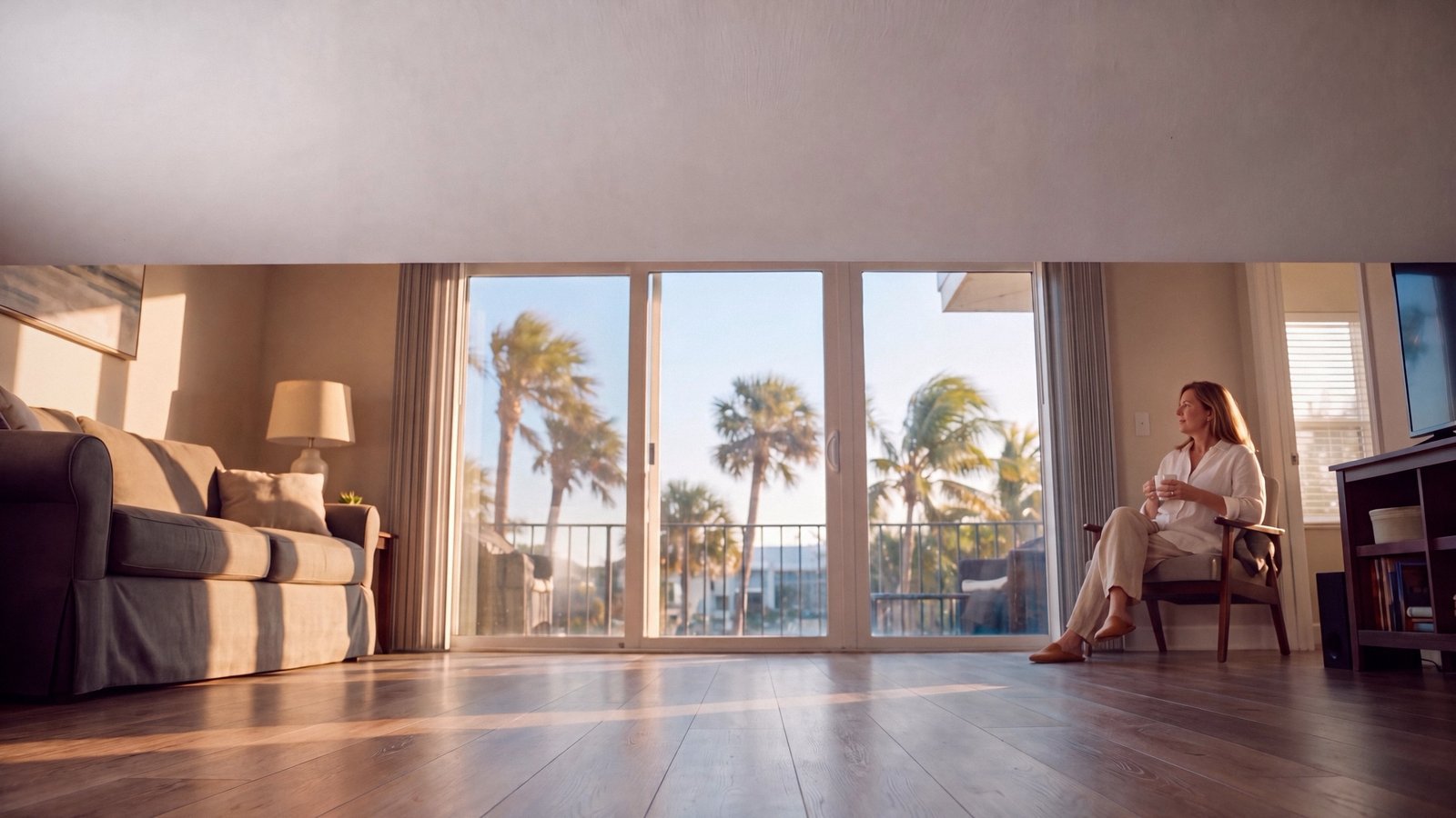 Homeowner relaxing in the same living room the calm morning after
