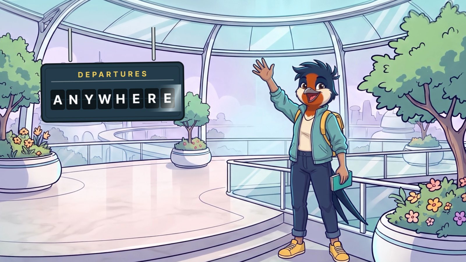 Illustrated swallow traveler under a departures board reading Anywhere, SafetyWing concept spot