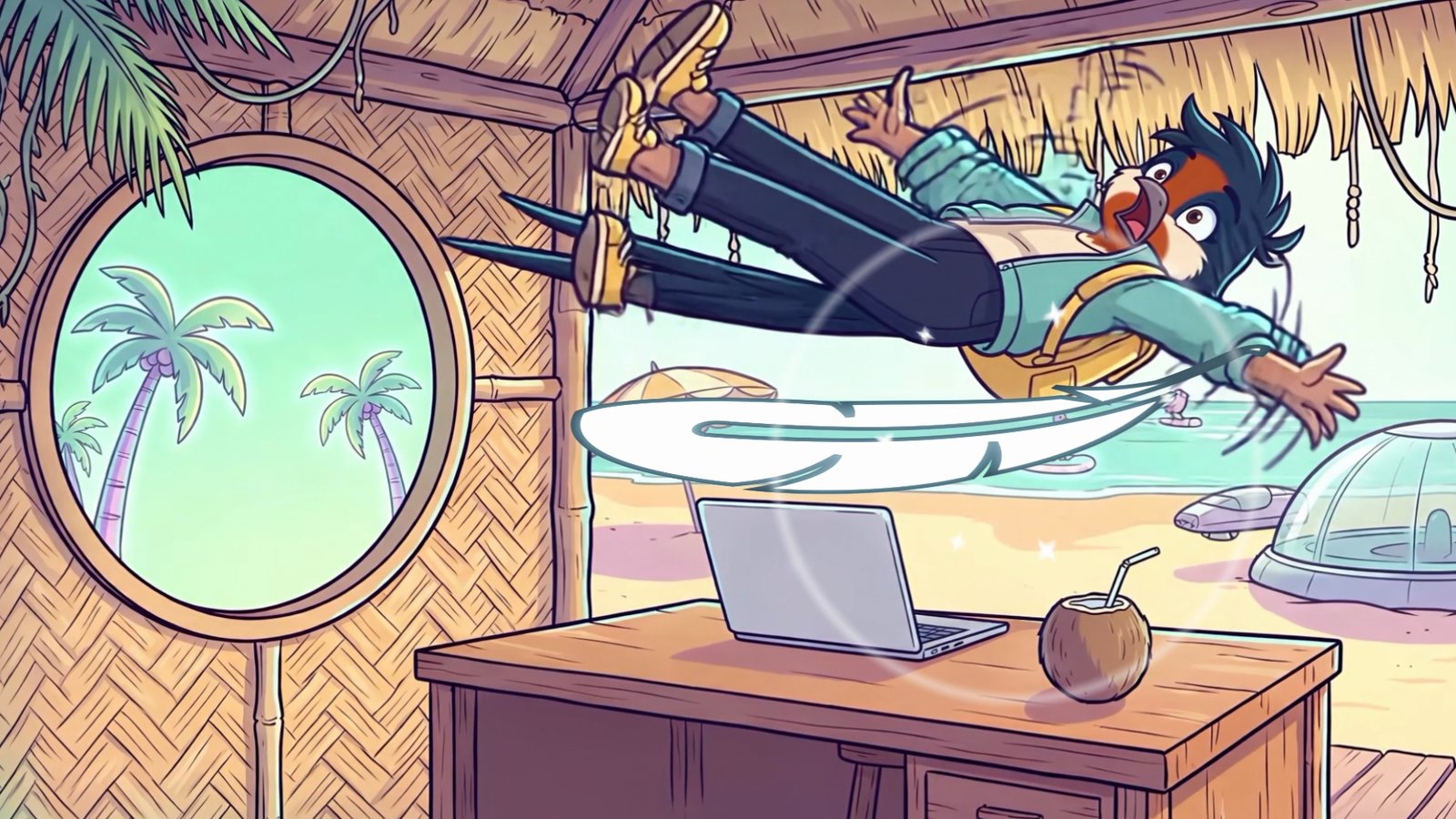 Swallow tumbling from a beach hut desk as a SafetyWing feather catches her