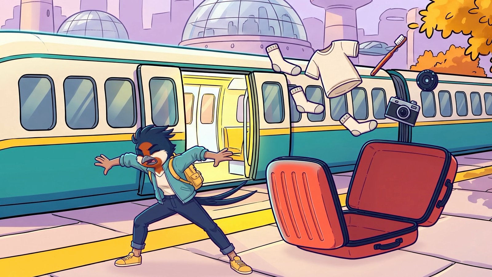 Suitcase bursting open on a train platform in the SafetyWing story