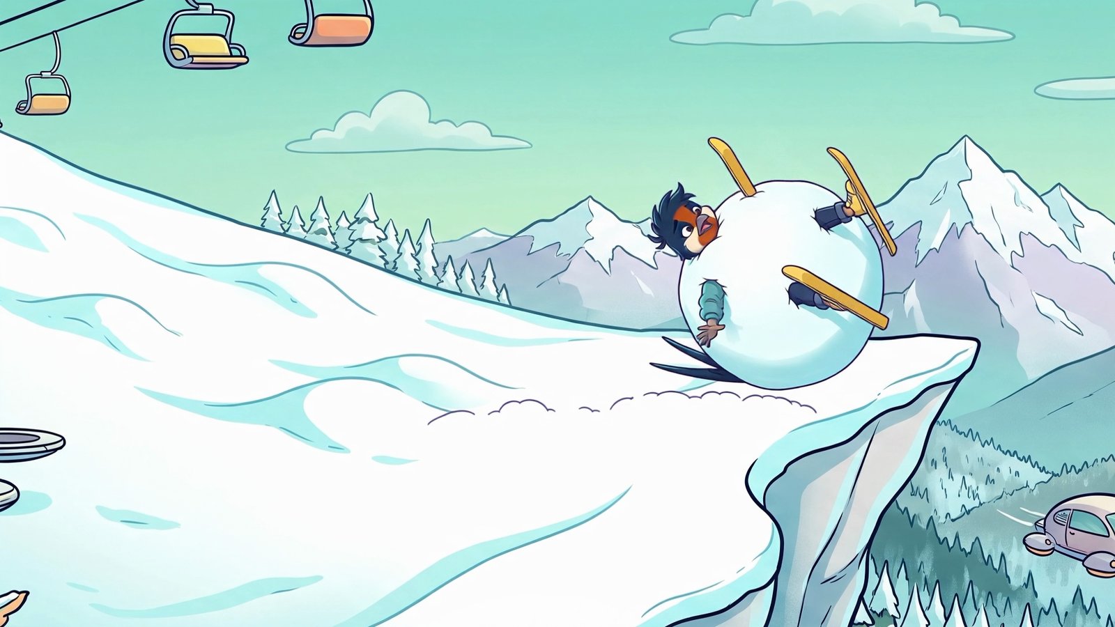 Swallow rolling down a snowy mountain as a snowball