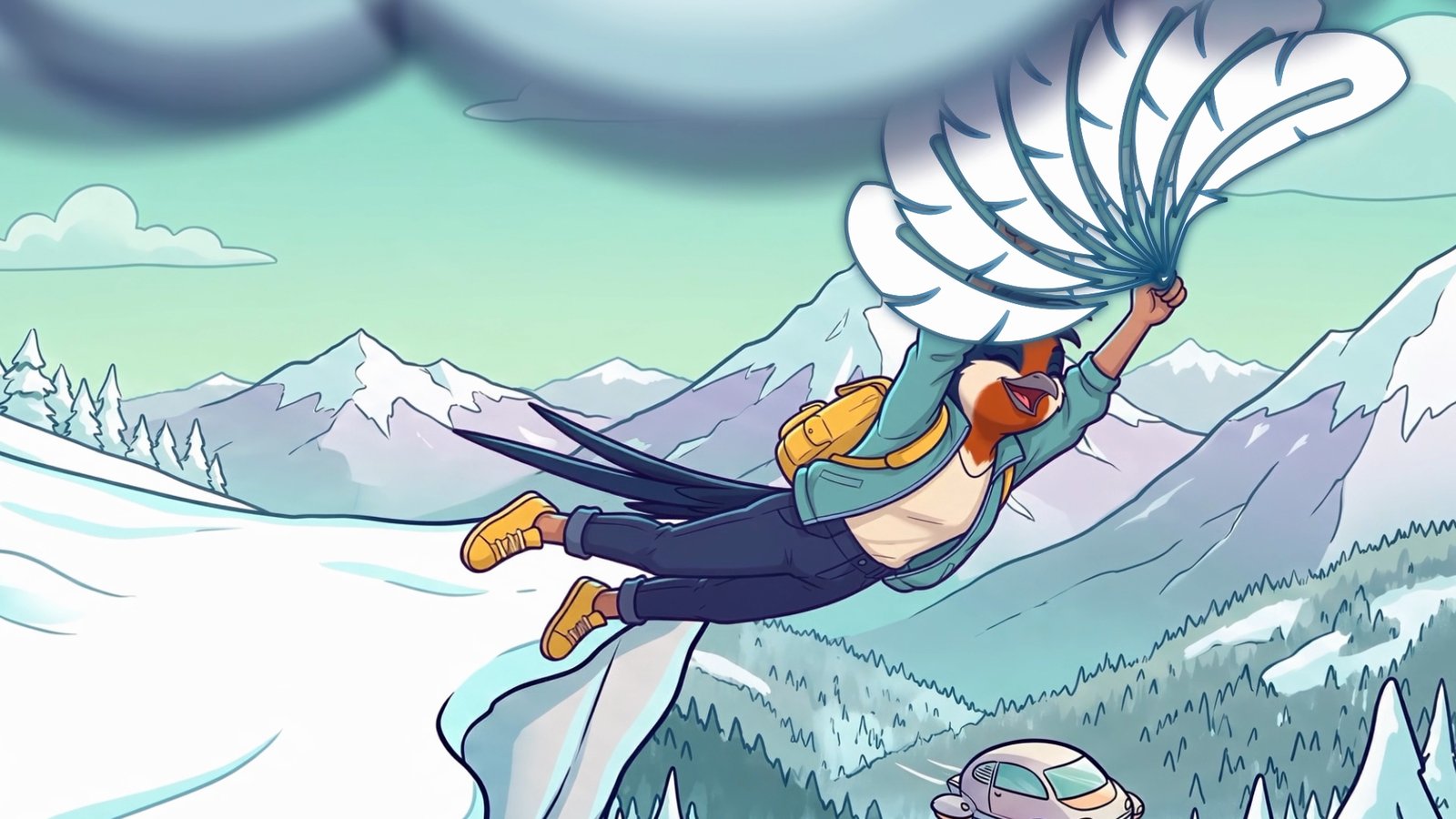 Swallow gliding over the mountains on a giant SafetyWing feather
