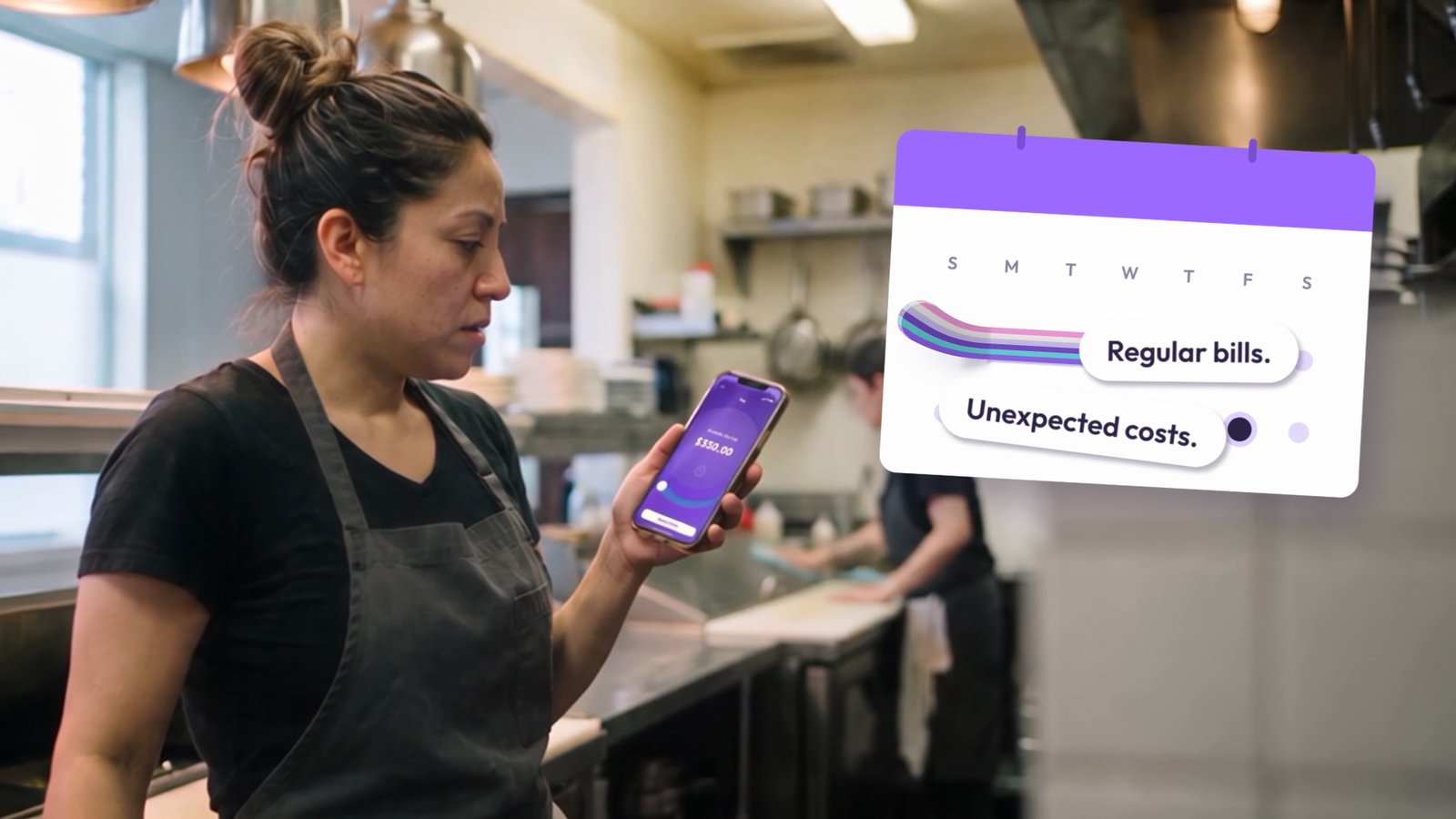Restaurant worker checking her phone beside a bills calendar, Stream concept spot