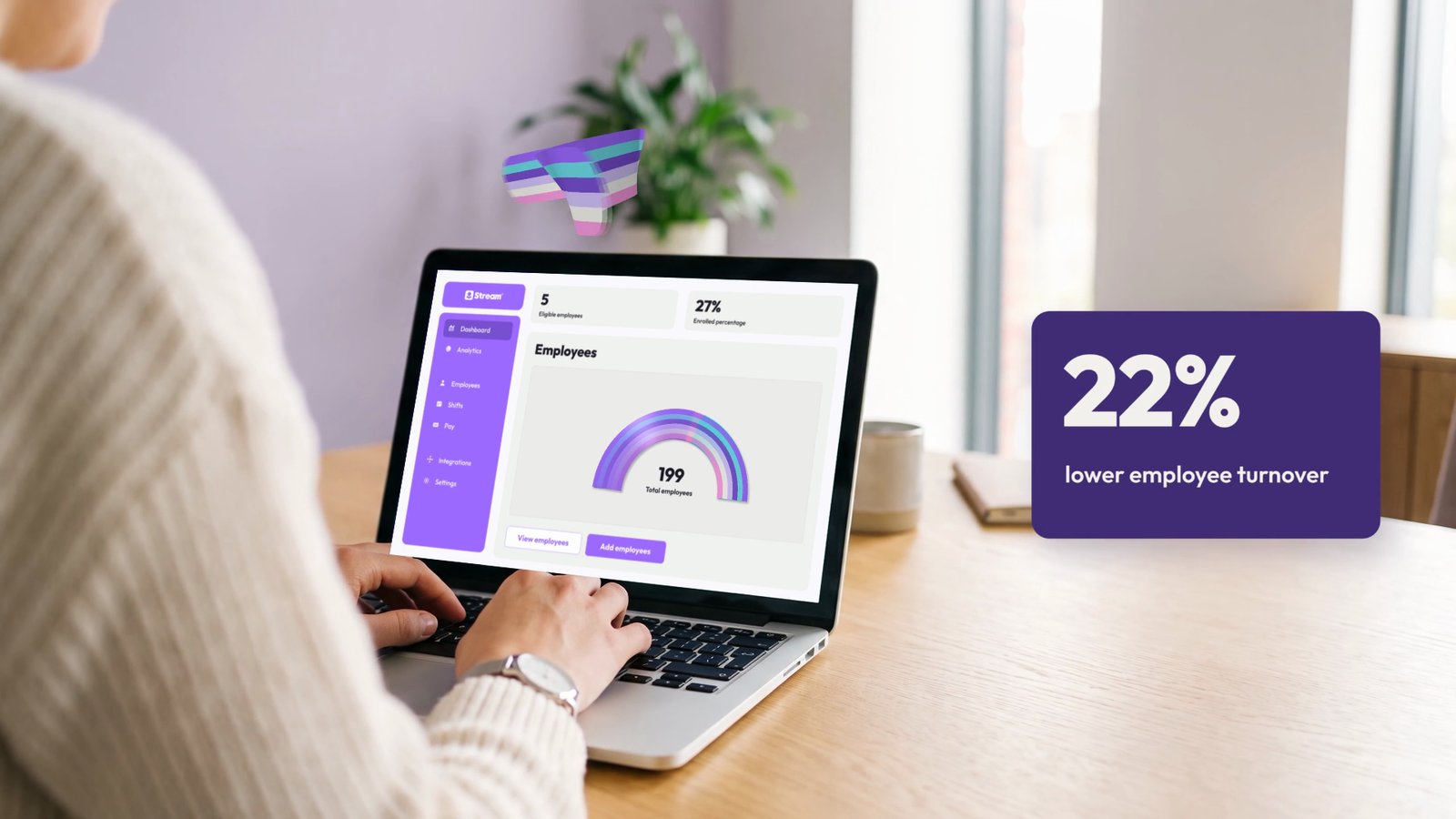 Employer at a laptop with a 22% lower turnover stat