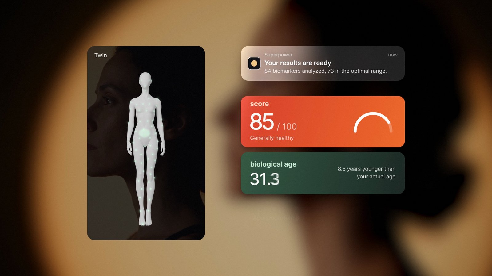 Superpower Twin body model with health score and biological age cards