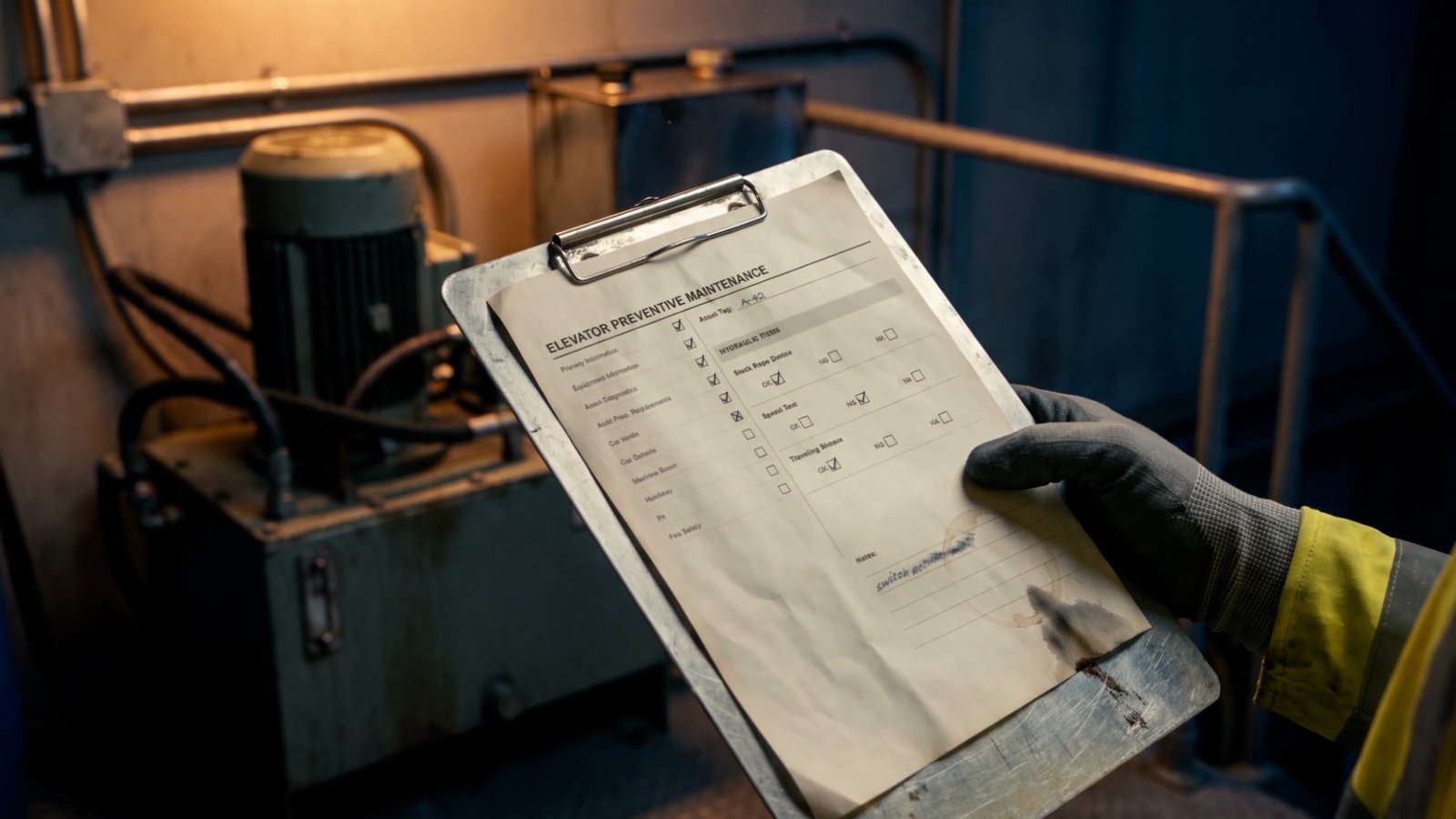 Technician's gloved hand holding a paper elevator checklist, TrueContext concept spot