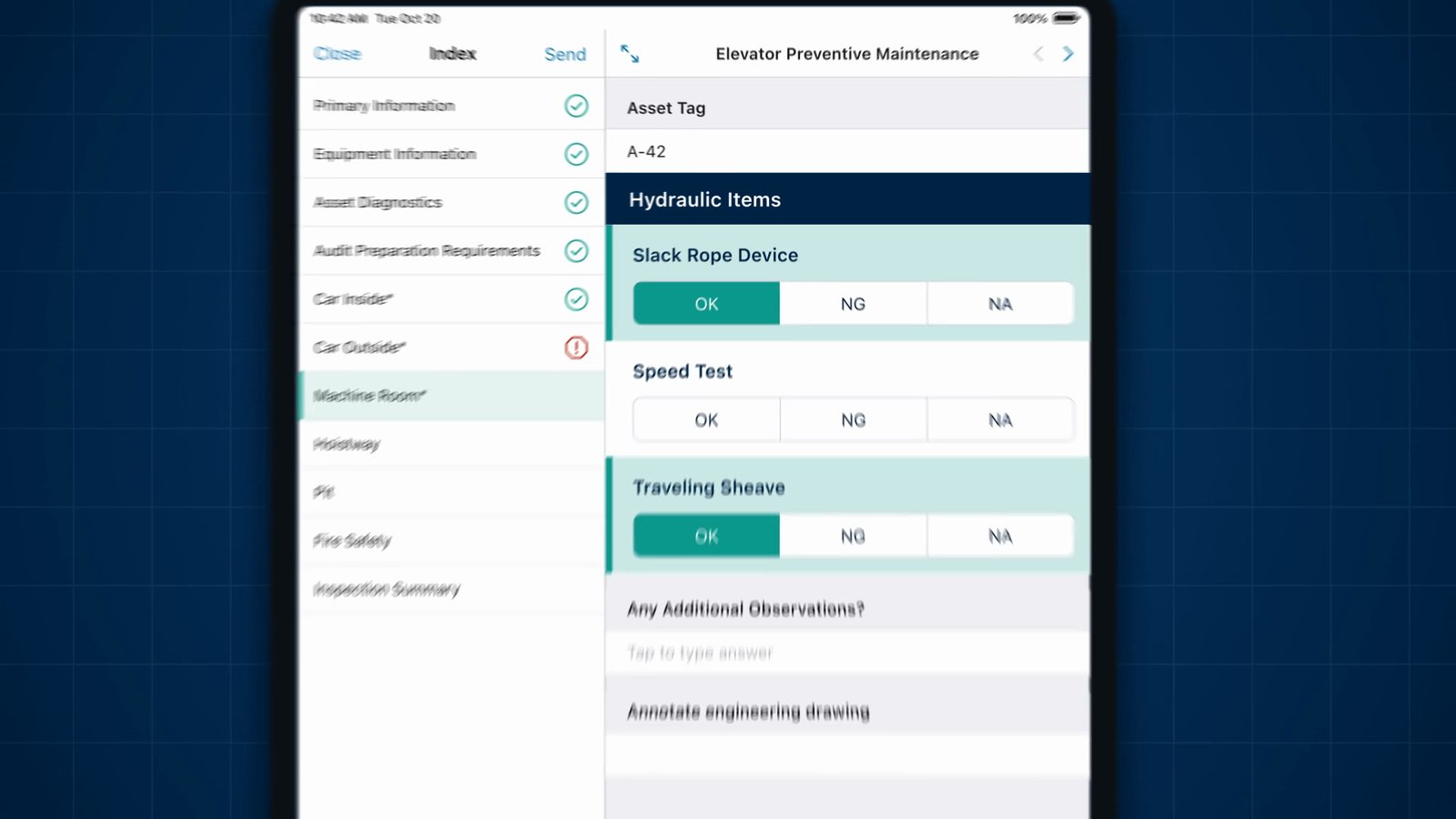 Elevator maintenance form on a TrueContext tablet